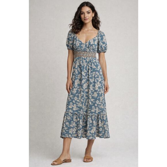 Free People Blue Cream Floral Smocked Puff Sleeve Midi Dress Women’s Medium Boho - Picture 2 of 13